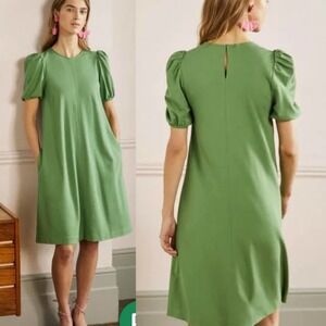 Boden JERSEY SEAM DETAIL PONTE EASY SHIFT Green‎ Puff Sleeve DRESS WOMEN 2 MOSS